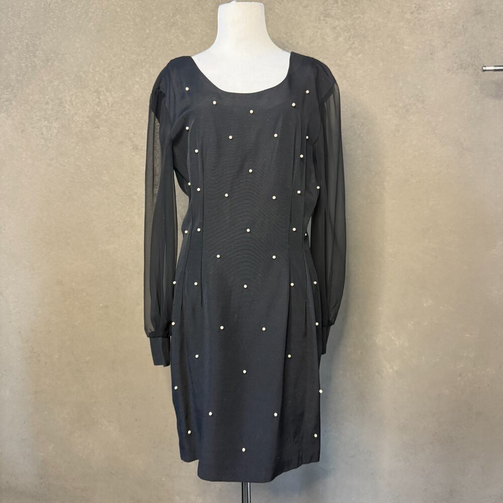 Vintage 80s 90s T Juniors Black Sheer Sleeve Pearl Dress USA Made